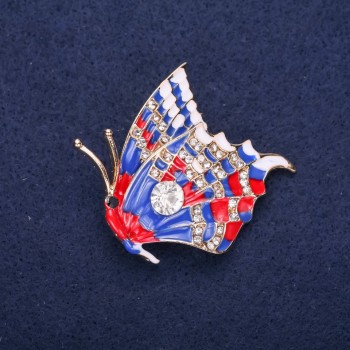 Sale! Butterfly Brooch with White Crystals, Blue and Red Enamel, 40x38 mm, Yellow Metal