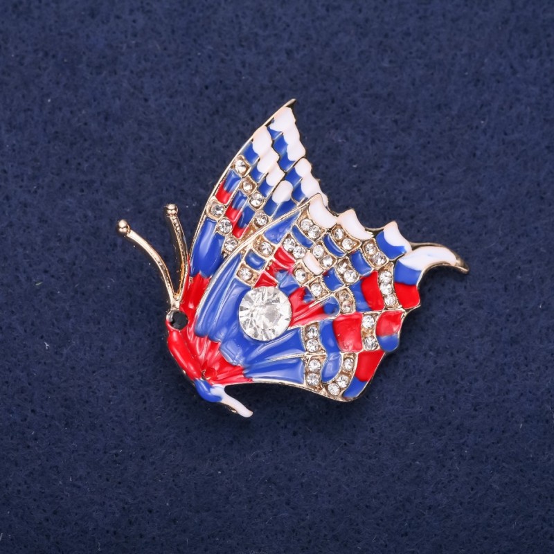 Sale! Butterfly Brooch with White Crystals, Blue and Red Enamel, 40x38 mm, Yellow Metal