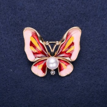 SALE! Butterfly Brooch with Pearl Bead, Pink and Red Enamel, 30x35 mm, Yellow Metal