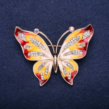 Discount! Butterfly Brooch with White Crystals, Red and Yellow Enamel 42x56 mm Yellow Metal