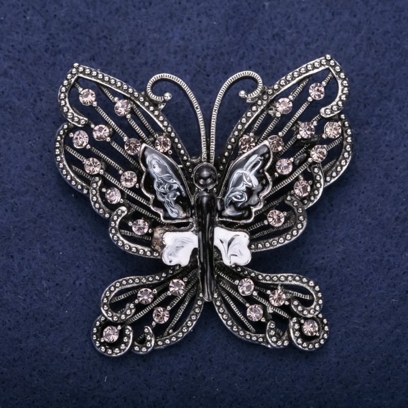 Discount! Butterfly Brooch Gray Crystals 55x57mm Silver-tone Metal
