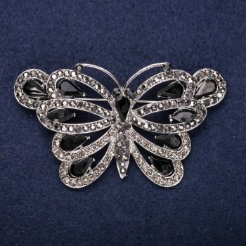 Discount! Butterfly Brooch with Black Crystals 39x67mm Silver-Toned Metal