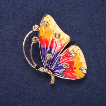 Sale! Butterfly Brooch with Yellow Rhinestones, Yellow, Red, and Purple Enamel, 45x32mm Yellow Metal