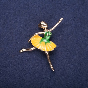Sale! Ballerina Brooch Yellow-Green Enamel 45x45mm Yellow Metal