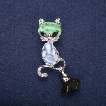 Discount! Kitty Brooch with Blue Cat's Eye Stone 58x17mm Silver-Toned Metal with a Brushed Finish
