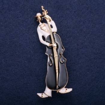 Sale! Brooch 'Musician' white and black enamel 67x26 mm yellow metal