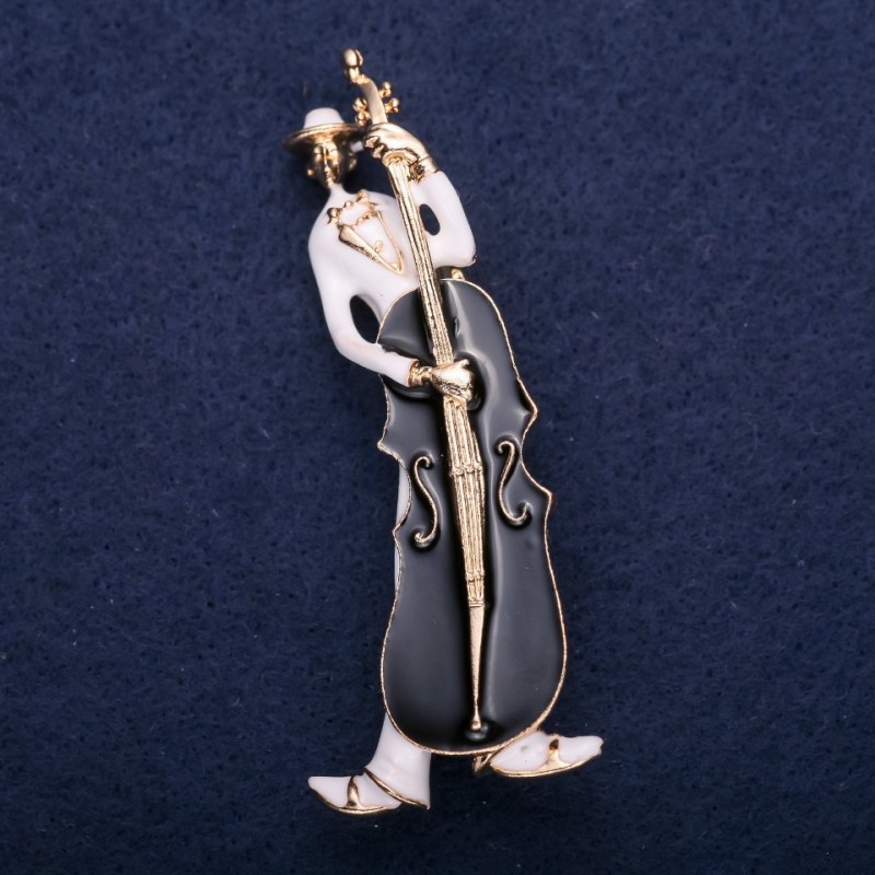 Sale! Brooch 'Musician' white and black enamel 67x26 mm yellow metal