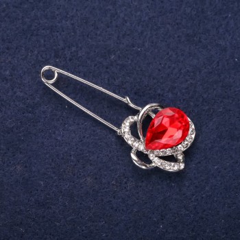 Discount! Flower Brooch Pin 'Flower' with White Crystals, Red Stone Color, 46×19mm, Silvery Metal