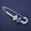Sale! Flower-Fan Brooch Pin White Crystals Blue Stones 70x25mm Silver Metal