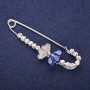 Sale! Flower-Fan Brooch Pin White Crystals Blue Stones 70x25mm Silver Metal