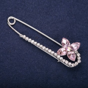 Discount! Flower brooch pin with white crystals, pink stones, 78×22 mm, silver metal