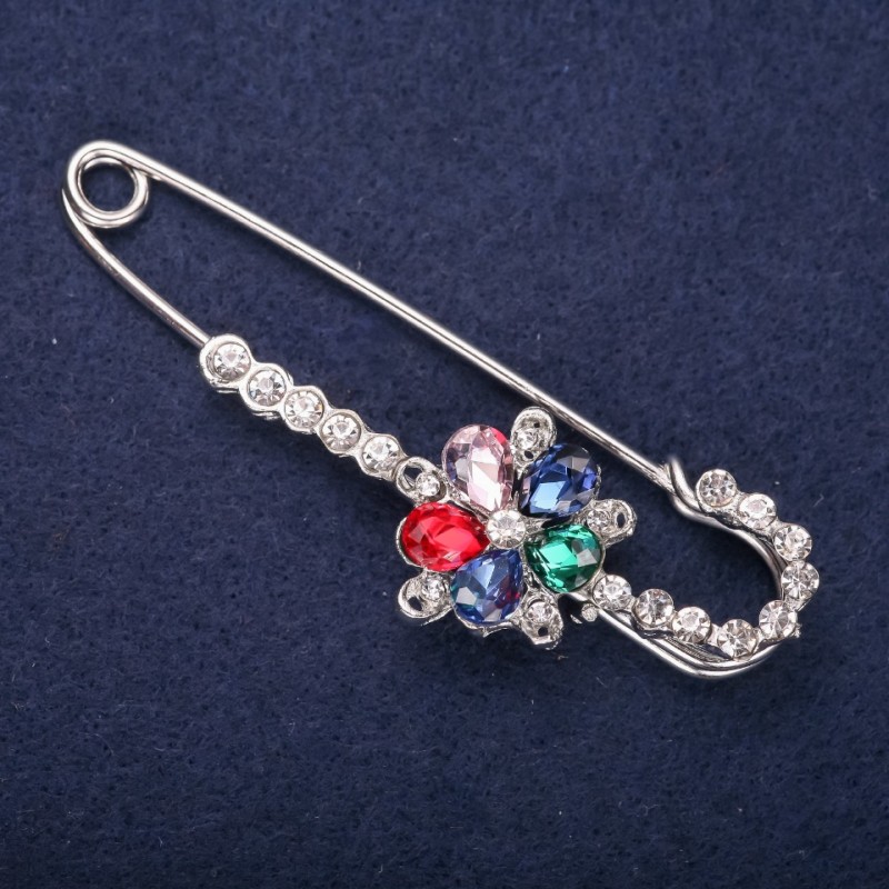 Discount! Flower Brooch Pin with White Rhinestones, Stone Colors: Blue, Pink, Red, Green, 76×27 mm, Silver Metal