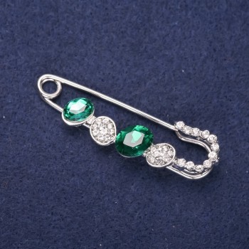 Sale! Mini brooch pin with white crystals and green stones, 50×15 mm, silver metal