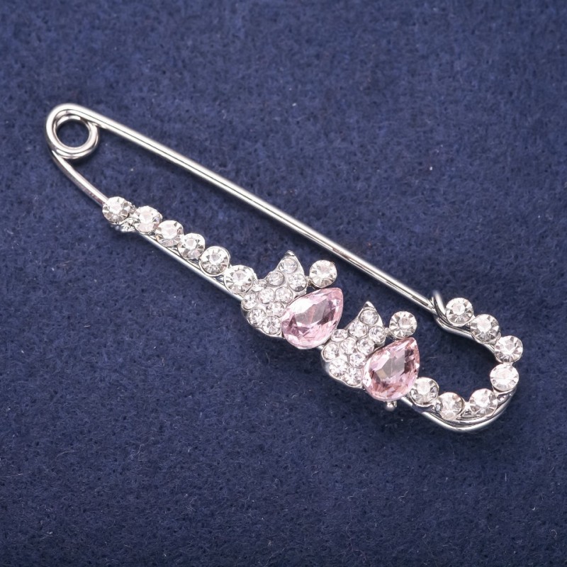 Sale! Drops Brooch Pin with White Crystals, Pink Stones, 76x19mm Silver-Colored Metal