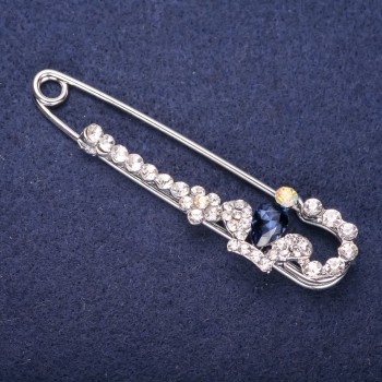 Discount! Crown brooch-pin with white crystals, blue stone color, 76x18mm, silver-tone metal