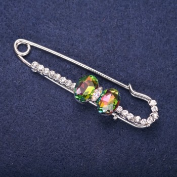 Discount! Brooch pin with white rhinestones and raspberry and green stones, 72x20mm, silvery metal
