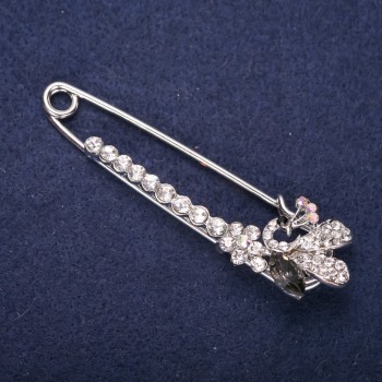 Discount! Brooch Pin 'Fire Bird' with white crystals, gray stones, 72×20 mm, silver-toned metal