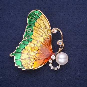 Discount! Butterfly Brooch with white crystals, enamel, green color, yellow metal, 49×45 mm