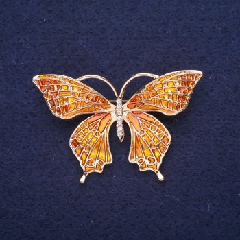 Sale! Butterfly Brooch with White Crystals, Enamel, Gold-Tone Metal, 49x32 mm