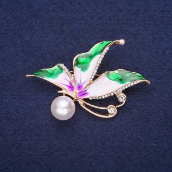 Discount! Butterfly Brooch with White Crystals, Enamel, Colors Green, White and Lilac, with Pearl Bead, 40×30 mm, Yellow Metal
