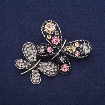 Discount! Butterfly Brooch with Crystals, Yellow, Lilac, and Gray, 45×35 mm, Silver-Colored Metal