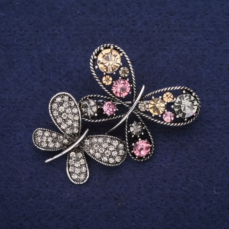 Discount! Butterfly Brooch with Crystals, Yellow, Lilac, and Gray, 45×35 mm, Silver-Colored Metal