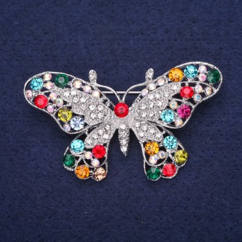 Sale! Butterfly Brooch with Rhinestones in Red, Blue, Pink, Green, Raspberry, and White, 57×34 mm Silvery Metal