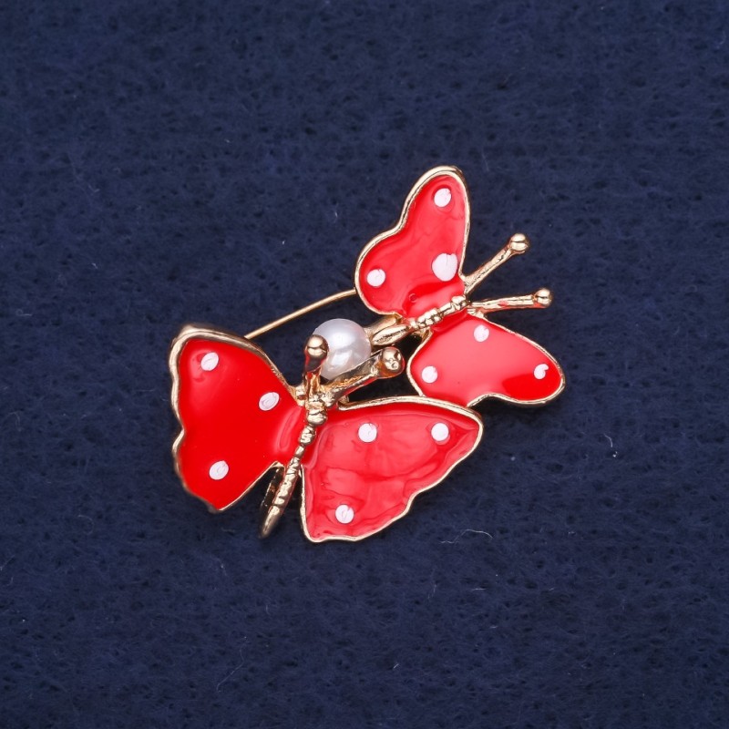 Discount! Butterfly Brooch enamel red color 32×26 mm yellow metal