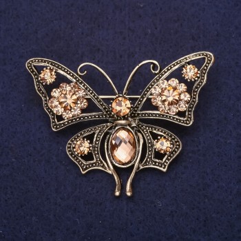 Champagne-Colored Crystal Butterfly Brooch 54x40mm Yellow Metal