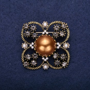 Discount! Brooch 'Order of Beauty' with pearl-beaded embroidery and crystals, color brown, gray, and white, 42x51 mm, gold-tone metal