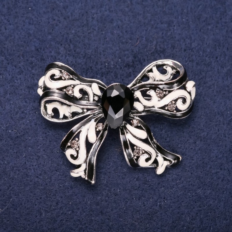 Discount! Bow Brooch with Stone, enamel, Black and White, 50x35mm, Silver-tone metal