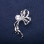 Sale! Clearance Bow Brooch with Pearl Bead, White, 50x30mm, Silver-Colored Metal