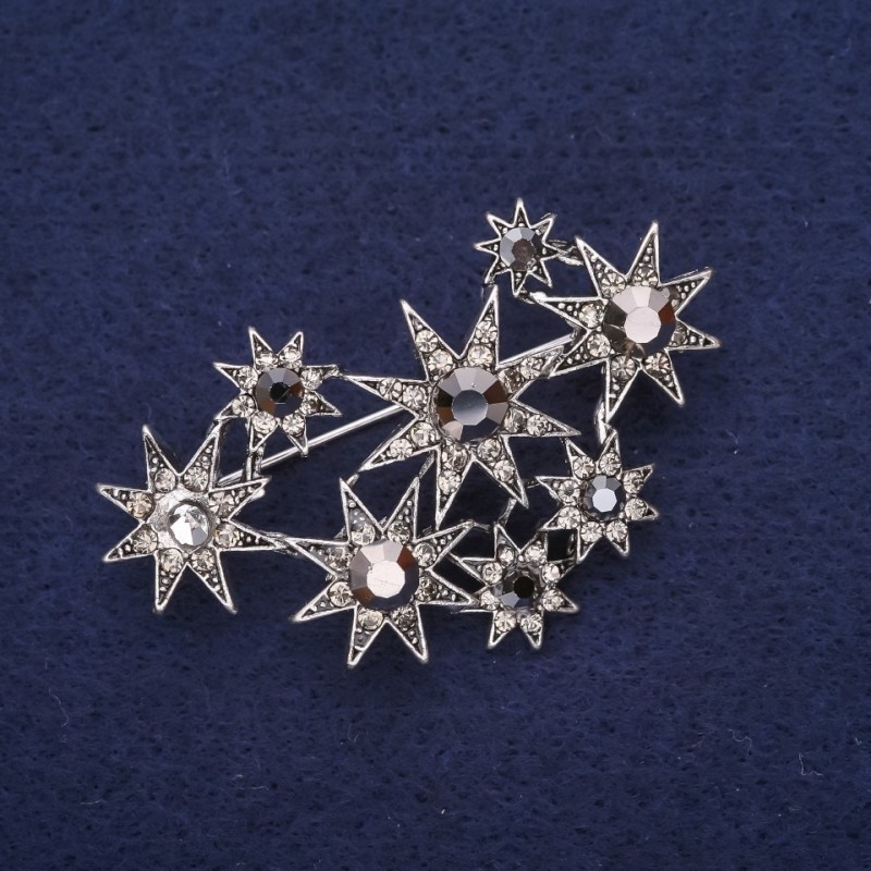 Large Star Accent Brooch with Crystals, Gray, 54×34 mm, Silver Metal