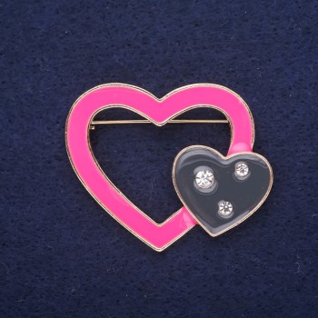 Sale! Heart Brooch, enamel, black and pink, 45×37 mm, yellow metal
