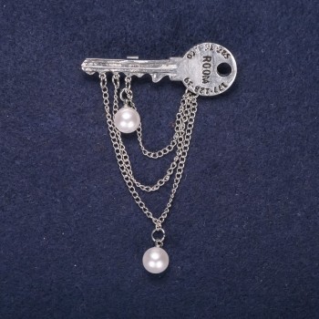 Sale! Clearance Brooch 'Key with Chains' White 47x17mm Silvery Metal