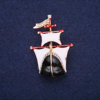 Discount! Ship Brooch enamel color white and black, 30x44 mm, yellow metal