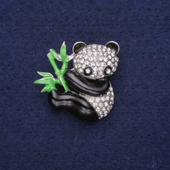Discount! Panda brooch with crystals and enamel — white, black, and green; 28×28 mm; silver-tone metal