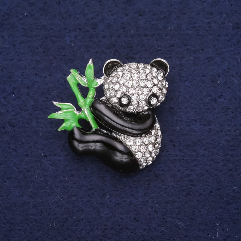 Discount! Panda brooch with crystals and enamel — white, black, and green; 28×28 mm; silver-tone metal