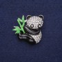 Discount! Panda brooch with crystals and enamel — white, black, and green; 28×28 mm; silver-tone metal