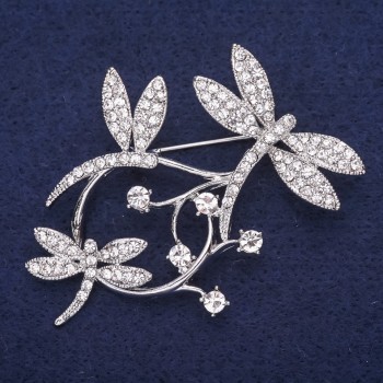 Butterflies Trio Brooch with Crystals, White, 47x62 mm, Light Silver-Tone Metal