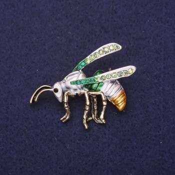 Wasp Brooch with Crystals, Enamel, Gray, Green, and Gold Colors, 42×32 mm, Yellow Metal