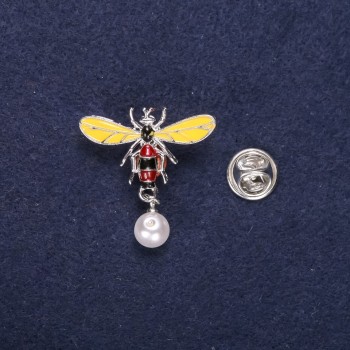 Sale! Bee Brooch with Pearl Bead enamel, yellow, brown, and white, 29 x 32 mm, silver-toned metal