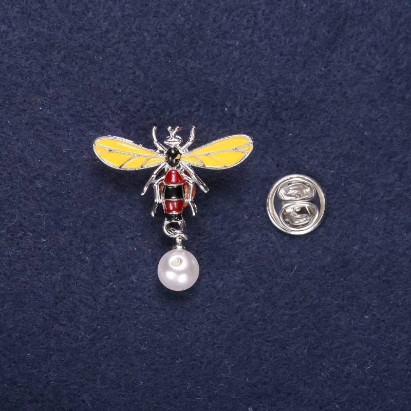 Sale! Bee Brooch with Pearl Bead enamel, yellow, brown, and white, 29 x 32 mm, silver-toned metal