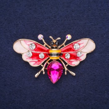 Discount! Butterfly-Bee Brooch with Crystals, Enamel and Gemstone in Red, White, Yellow, Black, Raspberry colors, 53×30 mm, Gold-Toned Metal