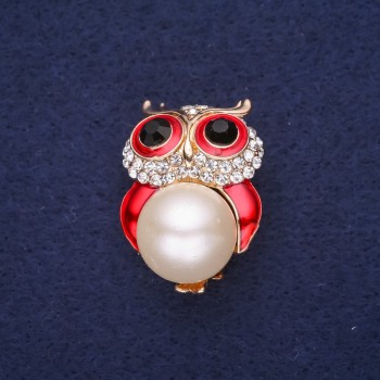 Discount! Owl Brooch with Pearl Bead, Enamel and Crystals, Colors White, Red, Black, 32x22 mm, Gold-Tone Metal
