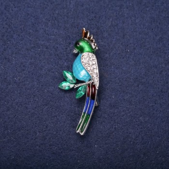 Discount! Parrot Brooch with Enamel and Crystals – Colors: Blue, Light Blue, Green, White – 50x20 mm – Silver-Tone Metal
