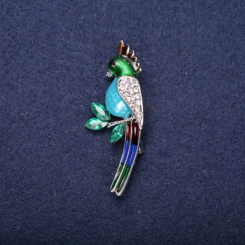 Discount! Parrot Brooch with Enamel and Crystals – Colors: Blue, Light Blue, Green, White – 50x20 mm – Silver-Tone Metal