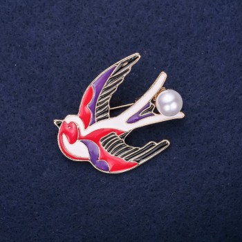 Discount! Swallow Brooch with Enamel in Red, White, Black, and Violet; 39×30 mm; Golden Metal