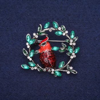 Discount! Bird on a Branch Brooch with Crystals and Enamel, Red, Green, Burgundy, 38x40 mm, Silver-Colored Metal