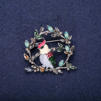 Discount! Bird on a Branch Brooch with Crystals, Enamel, Red, White, Blue, and Green colors, 38x40 mm, Silver-Toned Metal